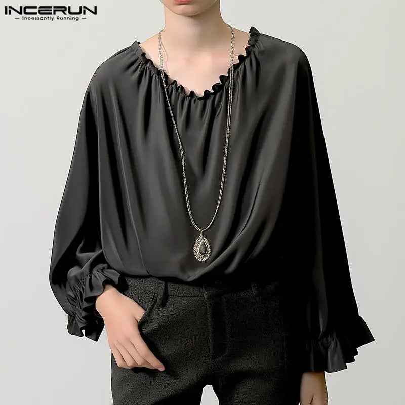 INCERUN Tops 2024 Fashionable New Men's Loose O-neck Ruffled Design T-shirts Casual Solid All-match Long Sleeved Camiseta S-5XL