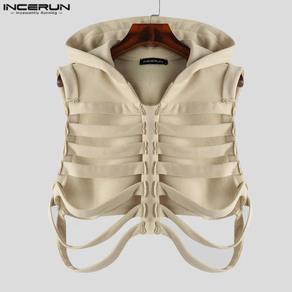 INCERUN Tops 2024 Korean Style New Men's Funny Bone Deconstruction Design Vests Casual Personality Solid Hooded Waistcoat S-5XL