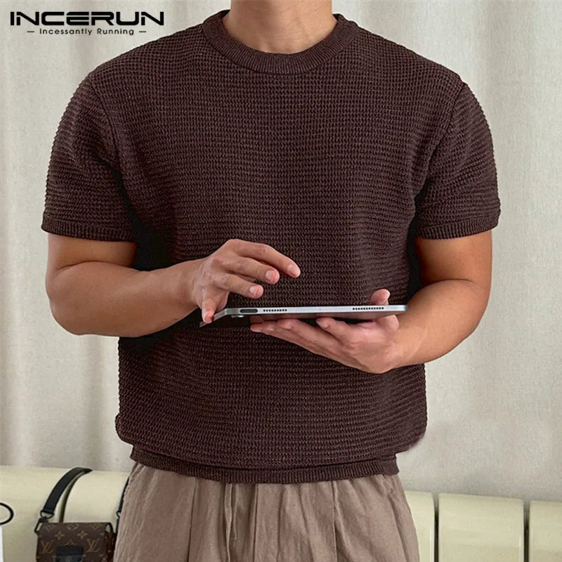 INCERUN Tops 2023 Korean Style Men Knitted Design T-shirts Casual Streetwear Male Solid Comfortable Short Sleeved Camiseta S-5XL