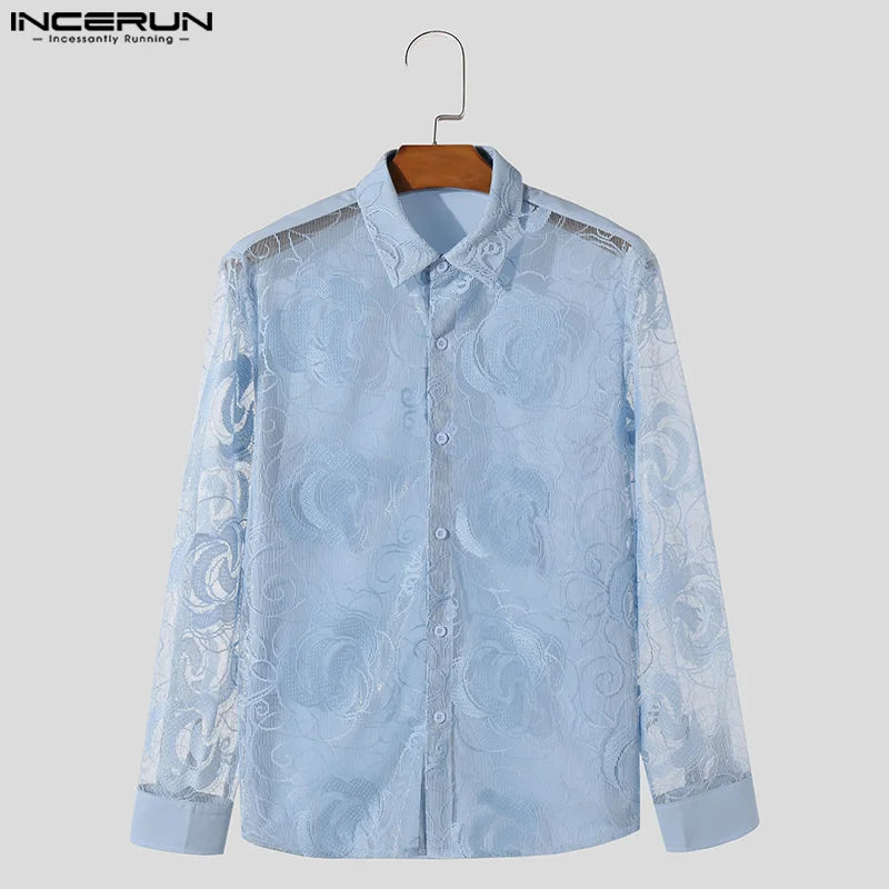 Sexy Stylish Style Tops INCERUN New Mens Lace Floral Mesh Hollow See-through Shirts Male Clubwear Thin Long Sleeved Blouse S-5XL