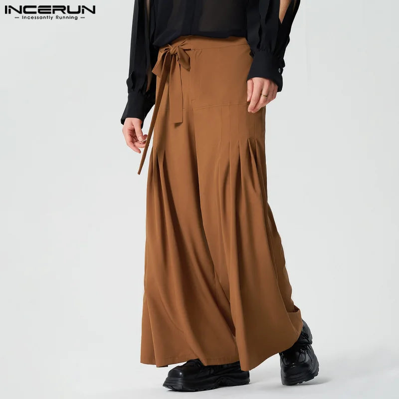 INCERUN 2024 American Style Trousers Stylish Men Pleated Wide Leg Long Pants Male Hot Selling High Waisted Strap Pantalons S-5XL