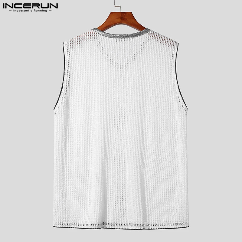 INCERUN Tops 2024 Style coréen Nouveaux hommes Mode col en V Patchwork Design Gilets Décontractés Streetwear Flash Sans Manches Débardeurs S-3XL