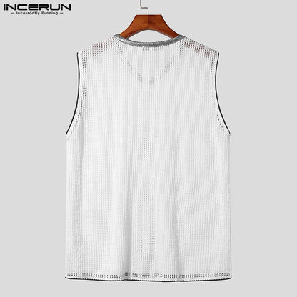 INCERUN Tops 2024 Koreanische Stil Neue Mens Fashion V-ausschnitt Patchwork Design Westen Casual Streetwear Flash Ärmellose Tank Tops S-3XL