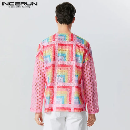 Casual Fashion Style Tops INCERUN Men's Tracery Patchwork See-through Mesh Shirts Male Long Sleeved Collarless Blouse S-5XL 2023