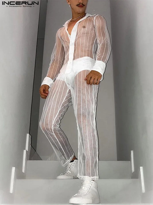 INCERUN 2023 Mode Décontracté Costume De Fête 2 Pièces Sexy Loisirs Hommes Ensembles Chemises À Manches Longues Pantalons Longs Costumes En Maille Transparente S-5XL