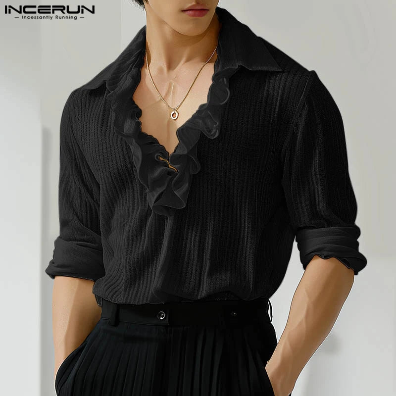 Fashion Casual Style Tops INCERUN Men Solid Ruffle Edge Splicing Shirt Stylish Clubwear Men Long Sleeved Lapel Blouse S-5XL 2024