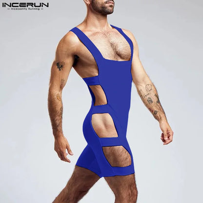 INCERUN 2024 Sexy Men Loungewear Stylish Side Hollowed Tight Elastic Jumpsuit Casual Solid Sleeveless Flat Angle Bodysuits S-5XL