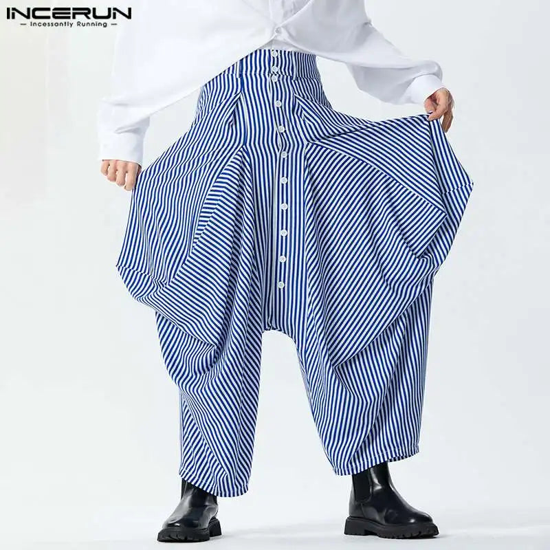 2024 Men's Striped Pants Button Joggers Loose Fashion Drop-Crotch Trousers Men Streetwear Casual Irregular Pants S-5XL INCERUN