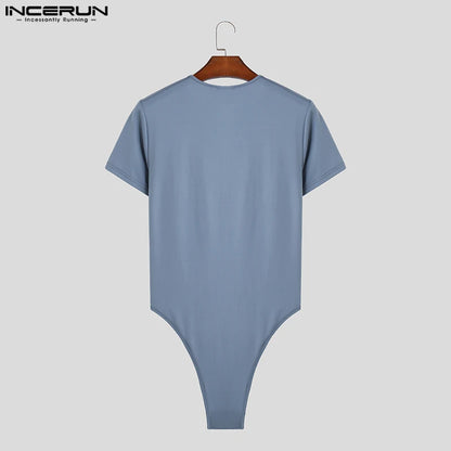 INCERUN 2023 Sexy Style Nouveaux Hommes Combinaisons À Manches Courtes Solide Confortable Bodys Mode O-cou Conception Triangle Barboteuses S-5XL