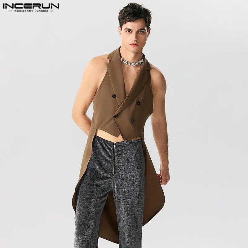 INCERUN Tops 2023 Gilets de conception d'ourlet irrégulier de style américain pour hommes Gilets de costume sans manches solides et longs décontractés S-5XL