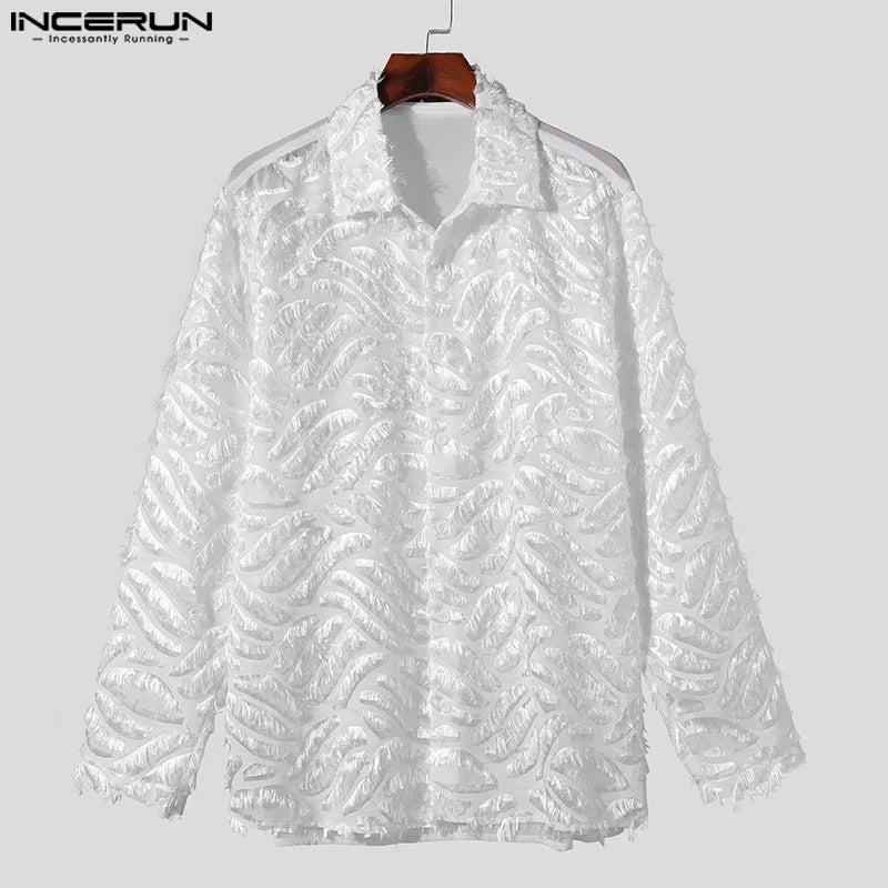 INCERUN Tops 2024 Korean Style Men's Hollow Plush Tassels Perspective Design Shirts Casual Streetwear Long Sleeved Blouse S-5XL