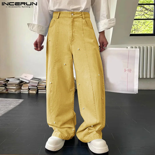 INCERUN 2024 Korean Style Trousers Stylish Men's Pearl Decorative Design Long Pant Leisure Streetwear Male Solid Pantalons S-5XL