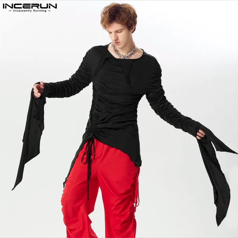 INCERUN Tops 2024 American Style New Men's Pleated Long Ribbon Design T-shirts Fashion Casual Solid Long Sleeved Camiseta S-5XL