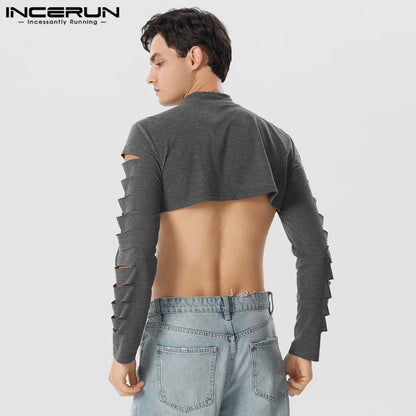 INCERUN Tops 2024 American Style New Men's Fashionable Hollowed T-shirts Casual Party Hot Selling Printed Long Sleeved Camiseta