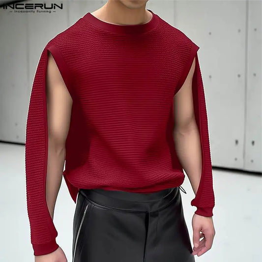 INCERUN Tops 2024 Korean Style Men's O-neck Hollow Sleeve Design T-shirts Casual Well Fitting Solid Long Sleeved Camiseta S-5XL