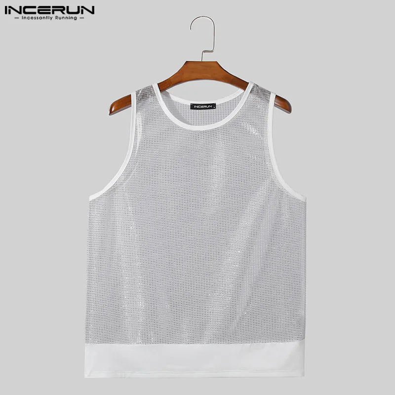 Sexy Fashion Style Tops INCERUN Herren Glitter Micro Perspective Westen Casual Streetwear Patchwork Edge Ärmellose Tank Tops S-5XL