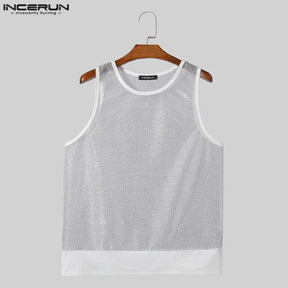 Sexy Fashion Style Tops INCERUN Mens Glitter Micro Perspective Vests Casual Streetwear Patchwork Edge Sleeveless Tank Tops S-5XL