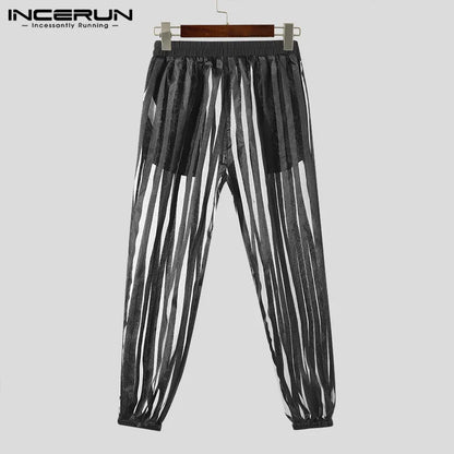 INCERUN 2024 American Style Men's Trousers Striped Mesh Transparent Long Pants Casual Clubwear Hot Selling Male Pantalons S-5XL