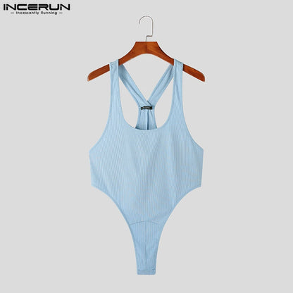 INCERUN 2024 Homewear Sexy Fashion Style Rompers Men's Low Neck Knitted Bodysuits Casual Solid Comfortable Male Jumpsuits S-5XL