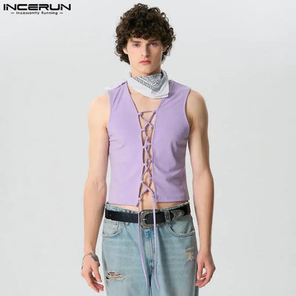 INCERUN Tops 2024 American Style Sexy Men's Open Front Strap Lace Up Vests Summer Fashion Male Solid Comfortable Tank Tops S-5XL