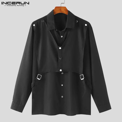 INCERUN Tops 2024 Koreanischen Stil Männer Doppel-schicht Strukturelle Metall Design Shirts Freizeit Patchwork Solide Langarm Bluse S-5XL