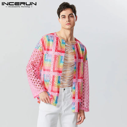 Casual Fashion Style Tops INCERUN Men's Tracery Patchwork See-through Mesh Shirts Male Long Sleeved Collarless Blouse S-5XL 2023