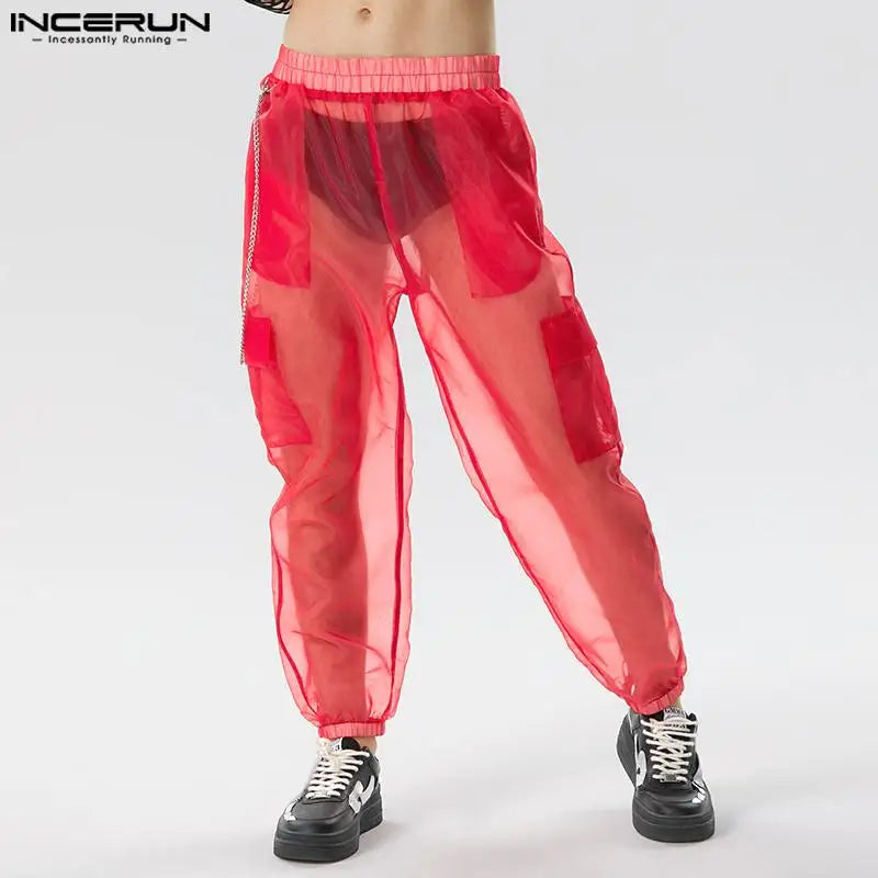 INCERUN 2023 American Style Trousers New Men's Party Shows Hot Sale Long Pants Sexy Solid See-through Mesh Thin Pantalons S-5XL