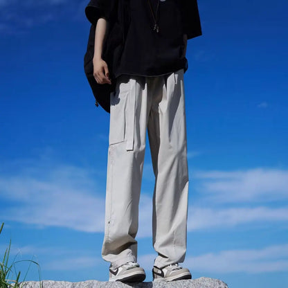 HOUZHOU Wide Leg Cargo Pants Male Japanese Khaki Outdoor Loose Casual Trousers Big Size Harajuku Korean Streetwear Hip Hop