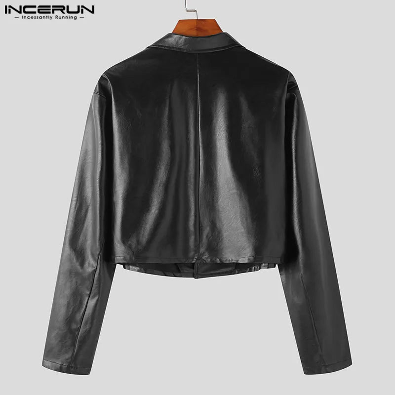 INCERUN Tops 2023 Korean Style Handsome Mens Short Leather Jackets Suit Casual Streetweat Male Long-sleeved Jackets Blazer S-5XL