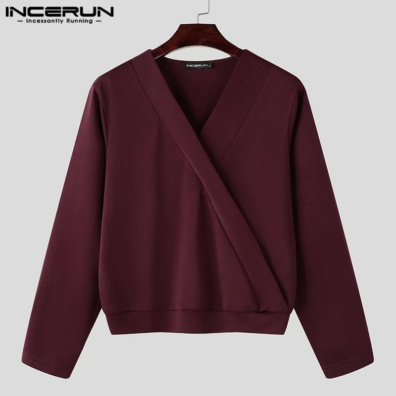 INCERUN Tops 2024 Korean Style Fashion Men Deconstruction Design Shirts Casual Streetwear Solid V-neck Long Sleeved Blouse S-5XL