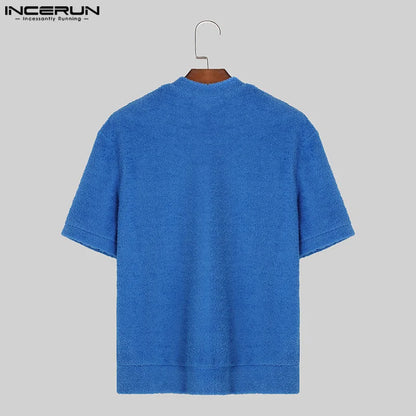 INCERUN Tops 2024 Korean Style Men Solid Texture Design T-shirts Casual Streetwear Male Hot Selling Short Sleeved Camiseta S-5XL