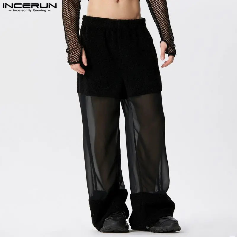 INCERUN 2024 Hose im amerikanischen Stil für Herren, solides Mesh-Spleißen, Wildleder-Design, lange Hose, sexy, stilvolle, durchsichtige Pantalons, S-5XL