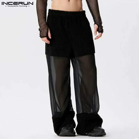 INCERUN 2024 American Style Trousers Men's Solid Mesh Splicing Suede Design Long Pants Sexy Stylish See-through Pantalons S-5XL