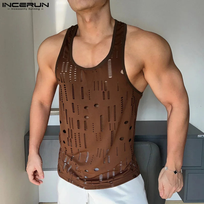 Männer Tank Tops Aushöhlen Solide O-ansatz Ärmelloses Männlichen Westen Streetwear 2024 Fitness Sommer Mode Männer Kleidung INCERUN S-5XL