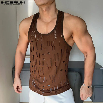 Men Tank Tops Hollow Out Solid O-neck Sleeveless Male Vests Streetwear 2024 Fitness Summer Fashion Men Clothing INCERUN S-5XL