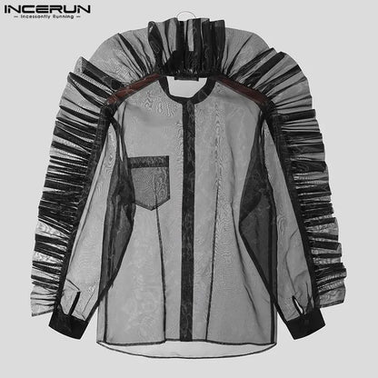 INCERUN Tops 2023 American Style New Mens Fashion Sexy Pleated Mesh Shirts Casual Party Show Patchwork Long Sleeved Blouse S-5XL