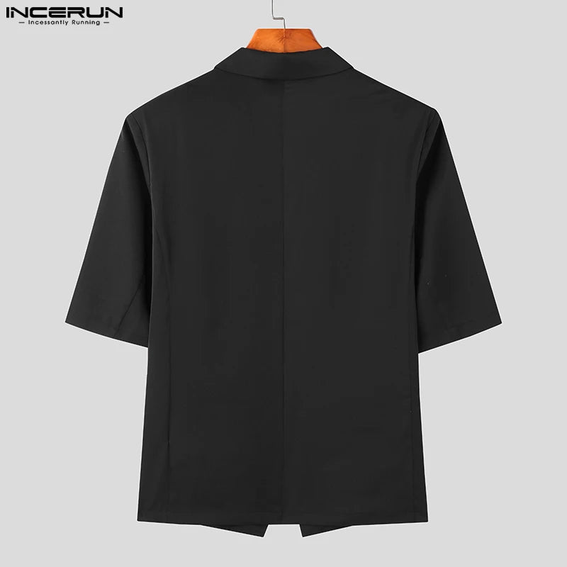 INCERUN Tops 2023 Korean Style Men's Silhouette Shoulder Pads Solid Blazer Casual Party Male All-match Short Sleeved Suit S-5XL