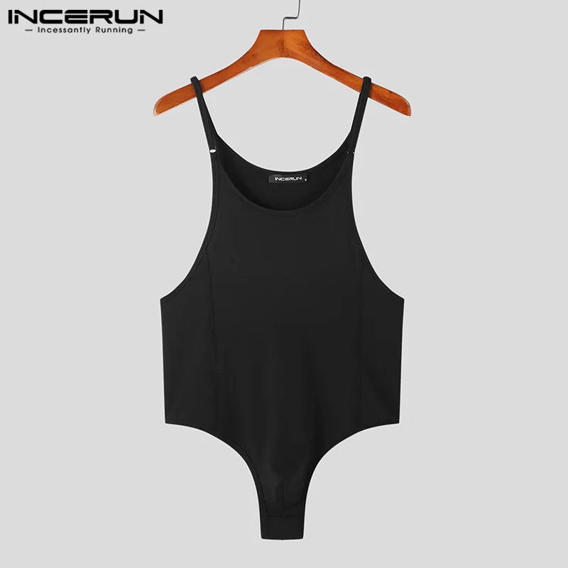 INCERUN Men Bodysuits Solid Color O-neck Sleeveless Skinny Sexy Streetwear Pajamas Rompers 2023 Casual Tank Tops Bodysuit S-5XL