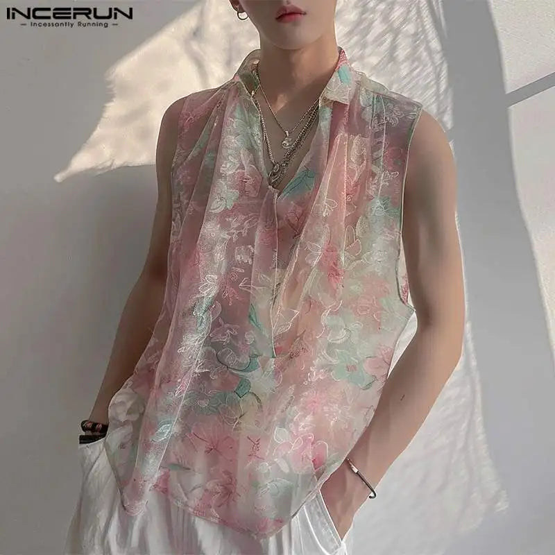 Sexy Fashion Style Tops INCERUN Men's Perspective Floral Printed Vests Summer Casual Personality Sleeveless Tank Tops S-5XL 2024