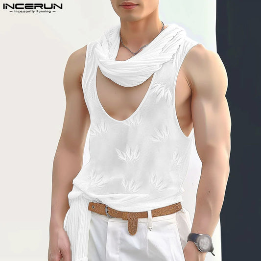 INCERUN Tops 2024 Korean Style Sexy Mens Lace U-neck Design Vests Summer Fashion Male Streetwear Thin Sleeveless Tank Tops S-3XL