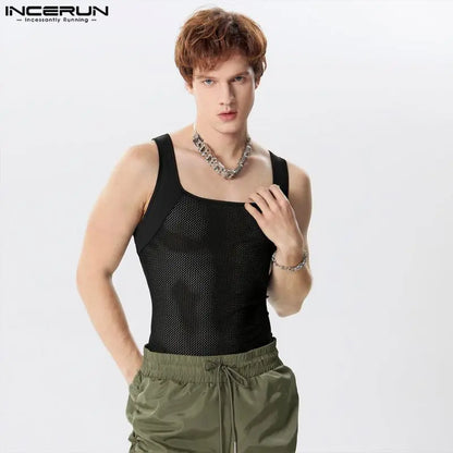 INCERUN Tops 2024 Handsome New Men's Hollowed Out Tight Knit Vests Leisure Streetwear Male Solid Color All-match Tank Tops S-5XL