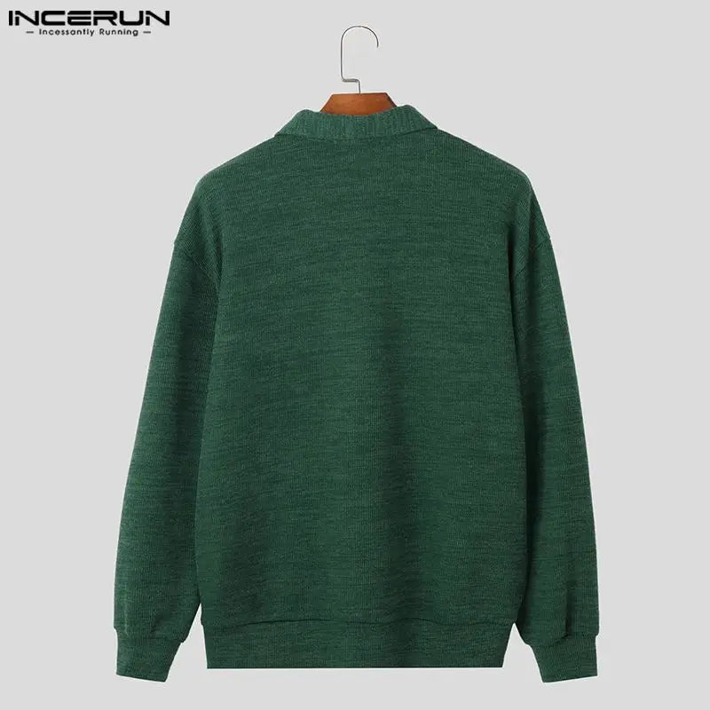 2023 männer Pullover Einfarbig Gestrickte Revers Langarm Taste Beiläufige Männliche Strickjacke Streetwear Koreanische Oberbekleidung INCERUN S-5XL