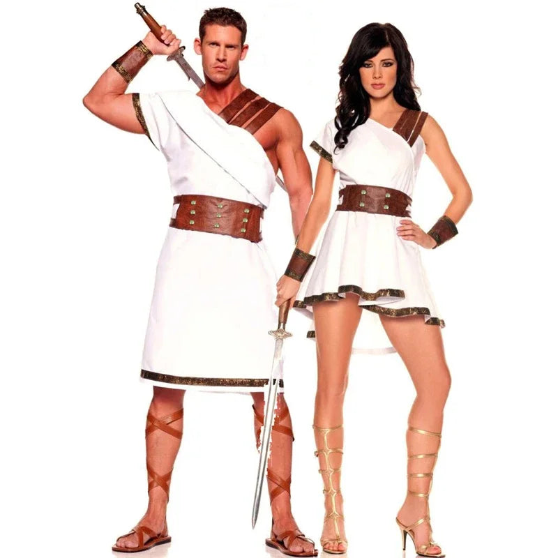 Costume d'Halloween pour couple homme et femme, mythe grec antique, guerrier égyptien romain, gladiateur, tenue de cosplay, robe de fête fantaisie de carnaval