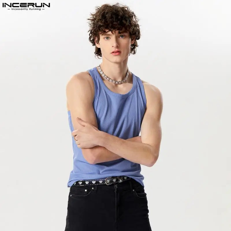 INCERUN Tops 2024 American Style Mens Back Cross Strap Design Vests Casual Streetwear Solid Well Fitting Knitted Tank Tops S-5XL