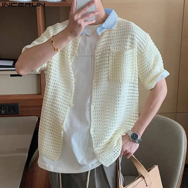 Fashion Well Fitting Tops INCERUN New Men Hollow Mesh Collar Contrast Color Shirts Casual Breathable Short Sleeved Blouse S-5XL