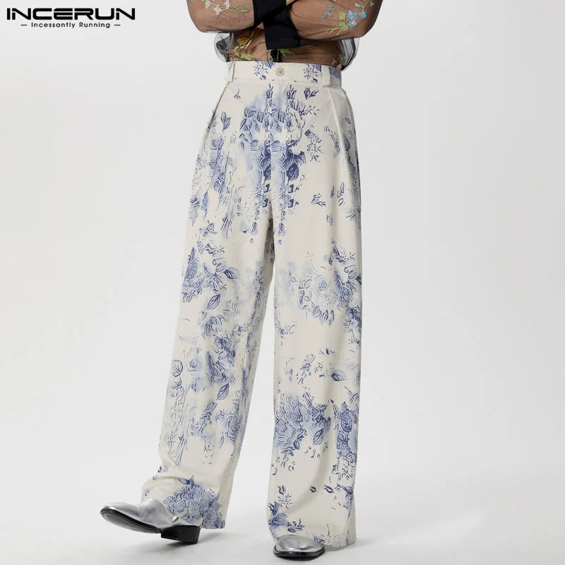 INCERUN 2024 Hose im koreanischen Stil, stilvolle lange Hose mit Blumenmuster für Herren, Freizeit-Streetwear, einfache Pantalons mit geradem Bein, S-5XL