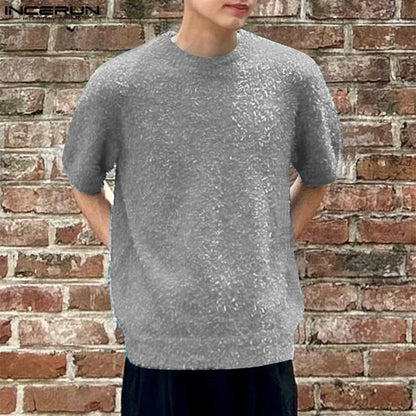 INCERUN Tops 2024 Korean Style Men Solid Texture Design T-shirts Casual Streetwear Male Hot Selling Short Sleeved Camiseta S-5XL