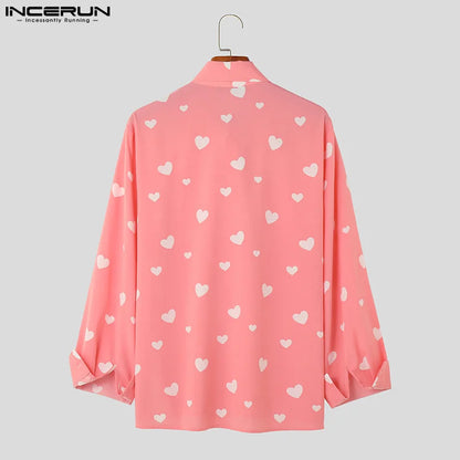 INCERUN Tops 2023 American Style New Men's Personality Love Bow Tie Design Shirts Casual Fashion Love Pattern Print Blouse S-5XL