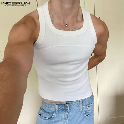 2024 Men Tank Tops Solid Color O-neck Sleeveless Streetwear Fitness Casual Male Vests Summer Fashion Crop Tops Men S-5XL INCERUN