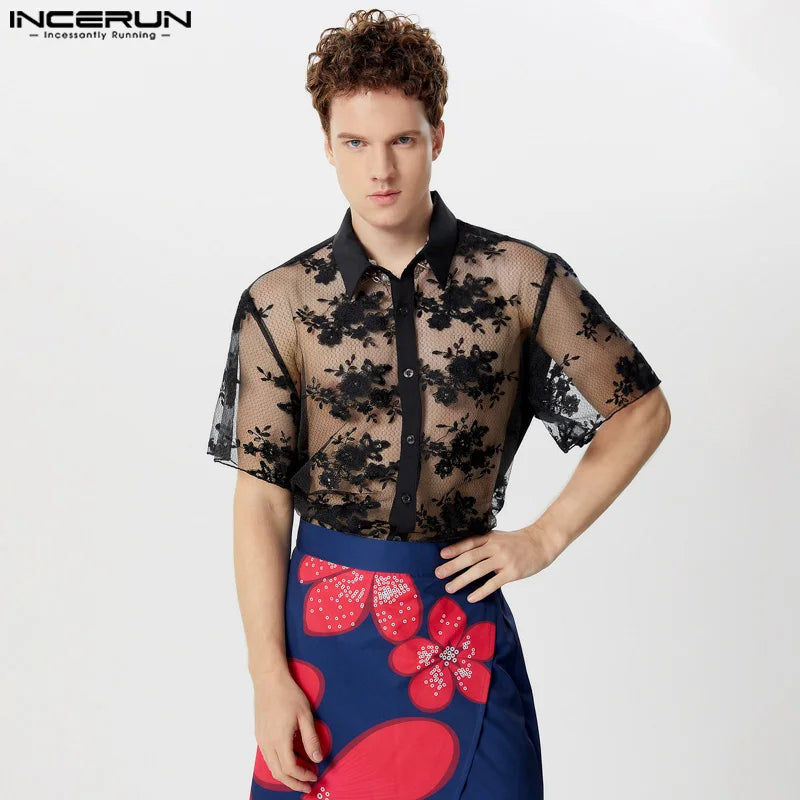 Sexy Fashion Style Tops INCERUN Men's Lace Floral See-through Shirts Casual Streetwear Male Thin Short Sleeved Blouse S-5XL 2024